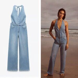 ZARA DENIM TRF HALTER-NECK JUMPSUIT BLUE SIZE S | 7227/080